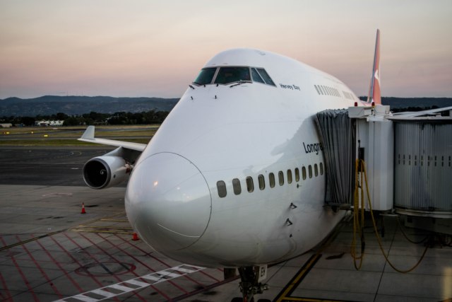 Our big bird; the mighty Qantas Boeing 747-400 on arrival back to Adelaide.