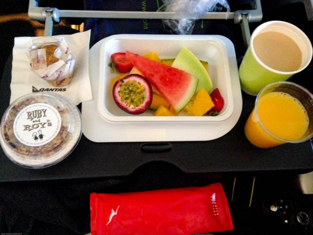Breakfast onboard Qantas 747-400 Adelaide to Antarctica.